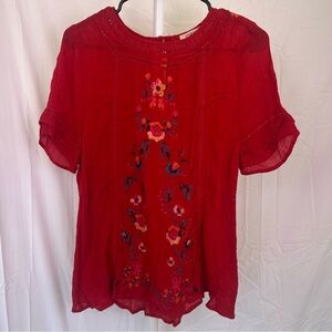 Umgee red boho floral embroidered crochet shirt sleeve blouse size medium